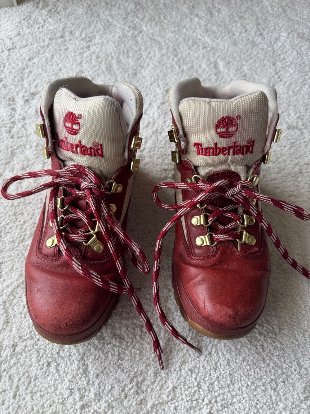 Vintage Timberland Red Leather Lace-Up Hiking Boots with Cream Tongue